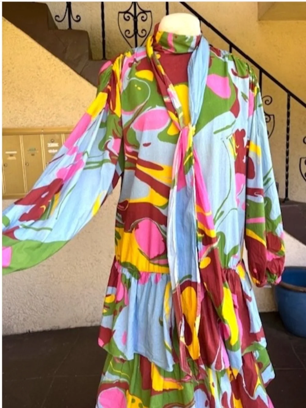 $395 RHODE Tie-Neck, Cotton Print Tiered Maxi Dress EUC/sz L - Picture 2 of 14